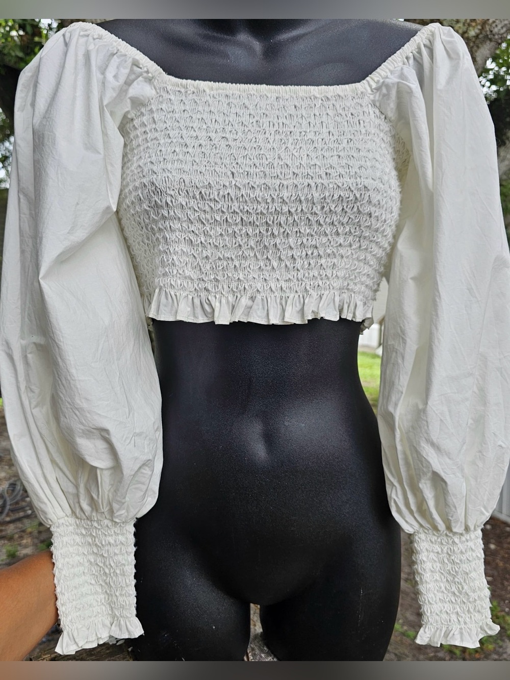 Farm Rio White Smocked Puff Sleeve Crop Top Size S